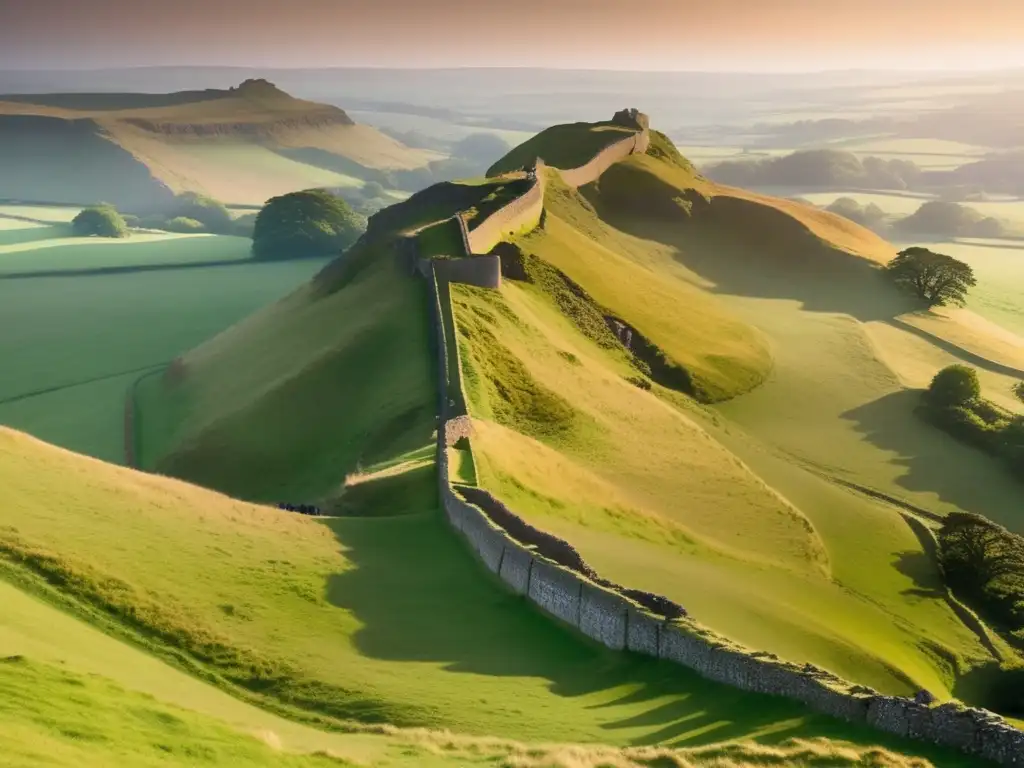 Exploración del Muro de Adriano al atardecer, con ruinas romanas y exploradores, evocando la majestuosidad del monumento histórico.