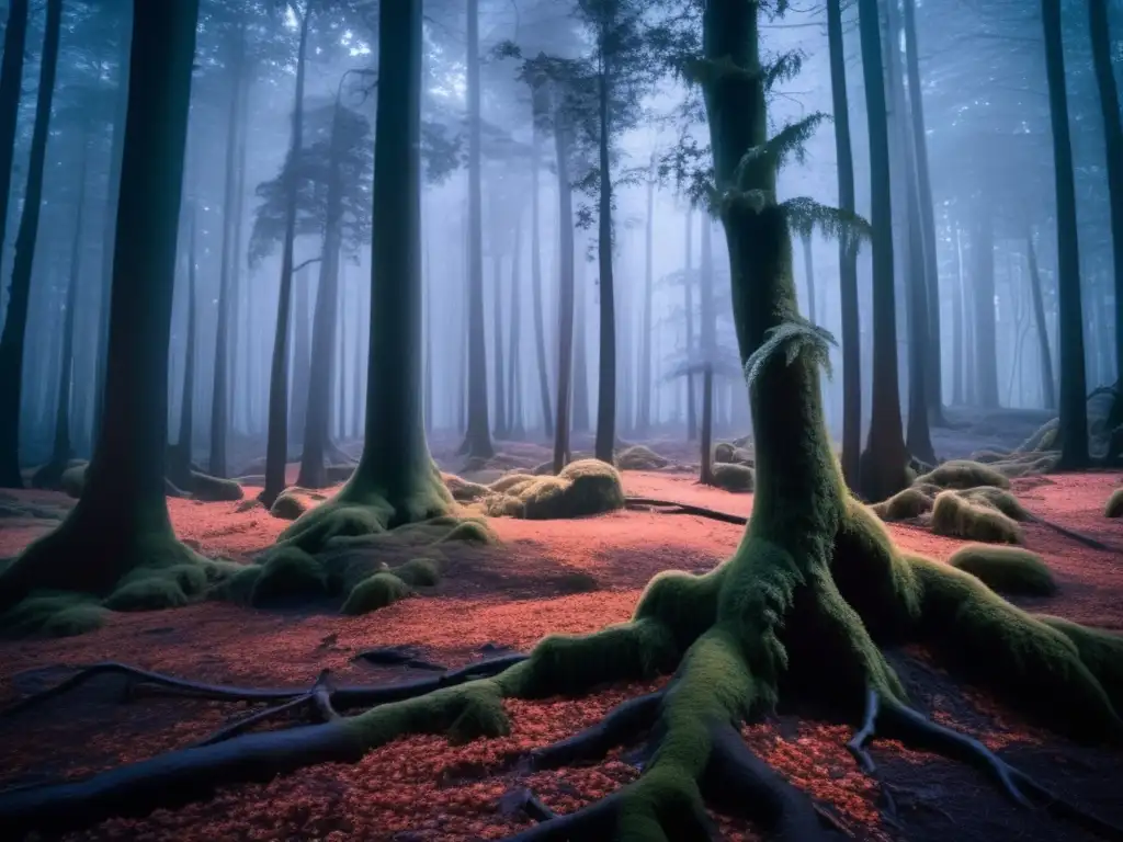 Exploración nocturna en un bosque sombrío iluminado por cámaras infrarrojas, revelando su belleza misteriosa.