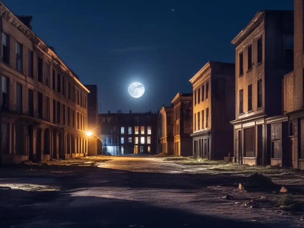 Exploración nocturna entre edificios en ruinas, con luna y luces lejanas, capturada con cámaras infrarrojas.