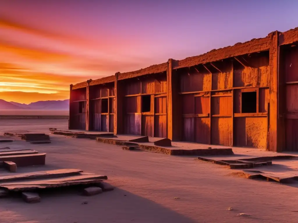 Exploración de ruinas Humberstone Chile al atardecer, una escena de belleza melancólica y nostálgica.