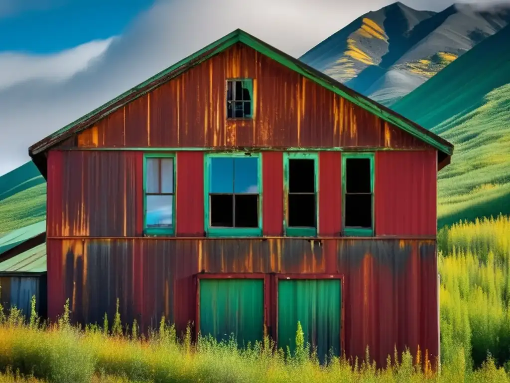 Exploración en las ruinas de Kennecott, Alaska: edificio minero abandonado con paredes de cobre corroído y paisaje agreste.