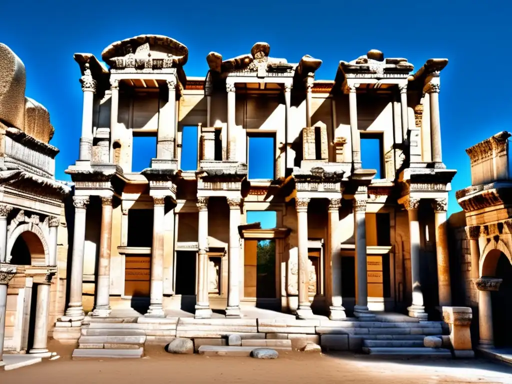 Exploración entre las ruinas de Éfeso, Turquía, en la majestuosa biblioteca de Celso, bañada por cálida luz solar.