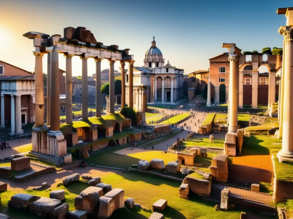 Exploración de las ruinas del Foro Romano al atardecer, mostrando la grandeza y la historia en cada detalle.