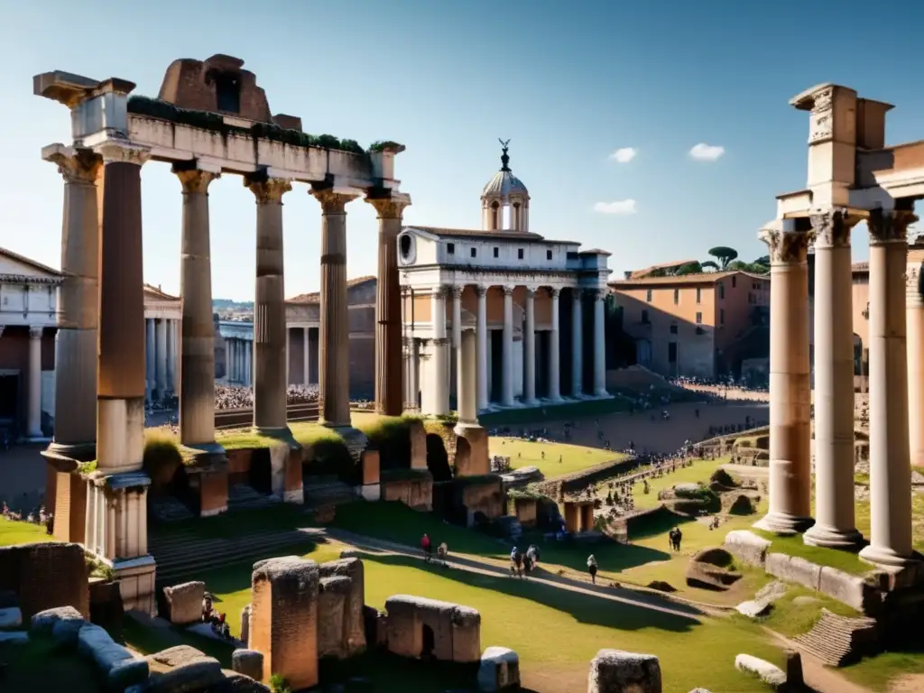 Exploración de las ruinas del Foro Romano, con detalles arquitectónicos antiguos y visitantes, capturando la grandiosidad eterna del sitio.