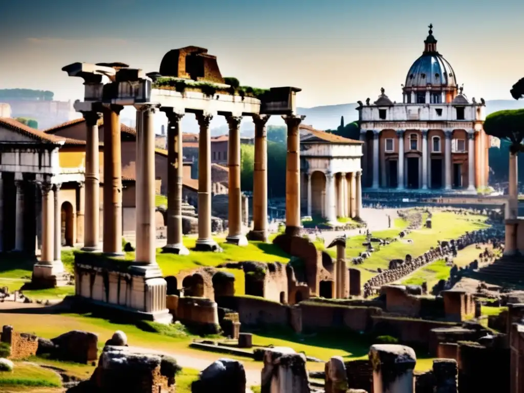 Exploración de las ruinas del Foro Romano, capturando la imponente y detallada arquitectura antigua y su fusión con la naturaleza.