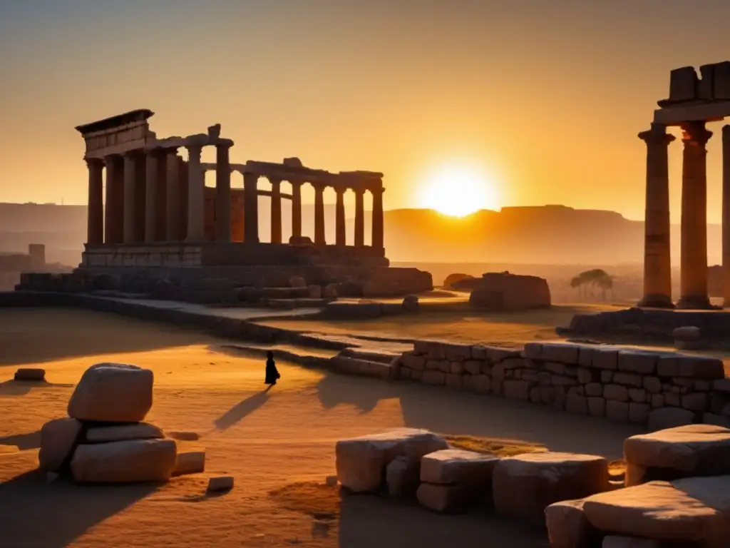 Exploración en las ruinas de Knossos, Creta: una ciudad antigua abandonada se ilumina con la suave luz dorada del atardecer.