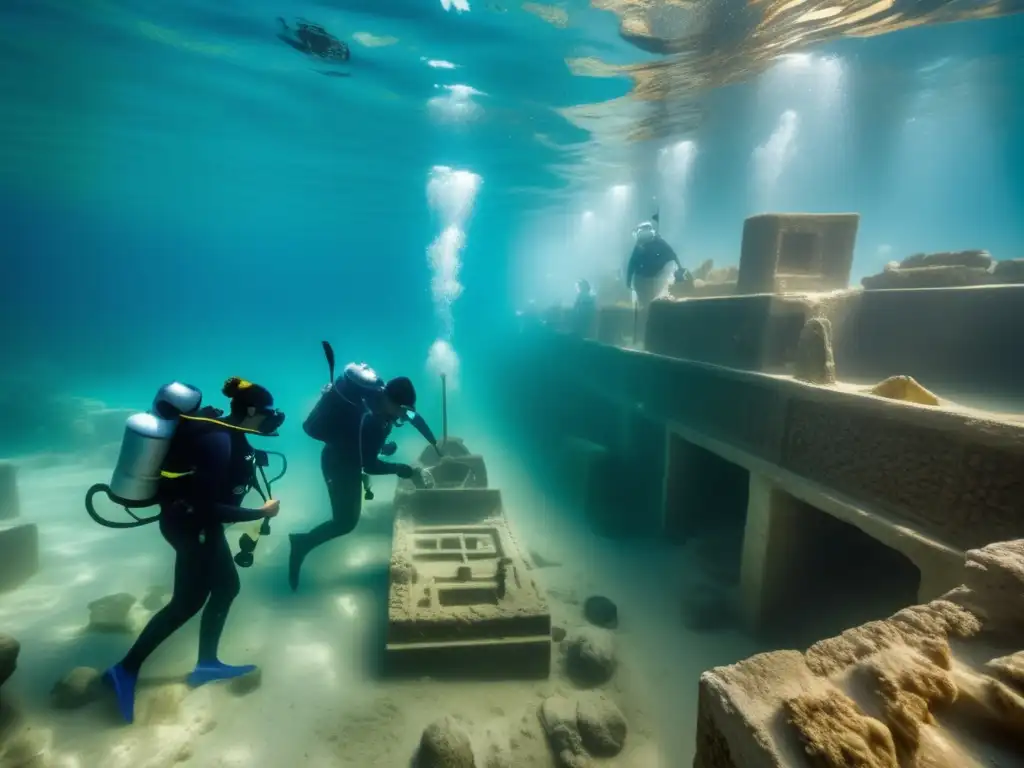 Exploración subacuática de La Pérdida de Alejandría: arqueólogos recuperando artefactos antiguos entre ruinas sumergidas, bajo la luz del sol.