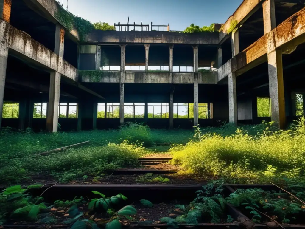 Exploración urbana: detallada imagen de un lugar abandonado, con arquitectura en deterioro y naturaleza invadiendo, evocando misterio e historia.