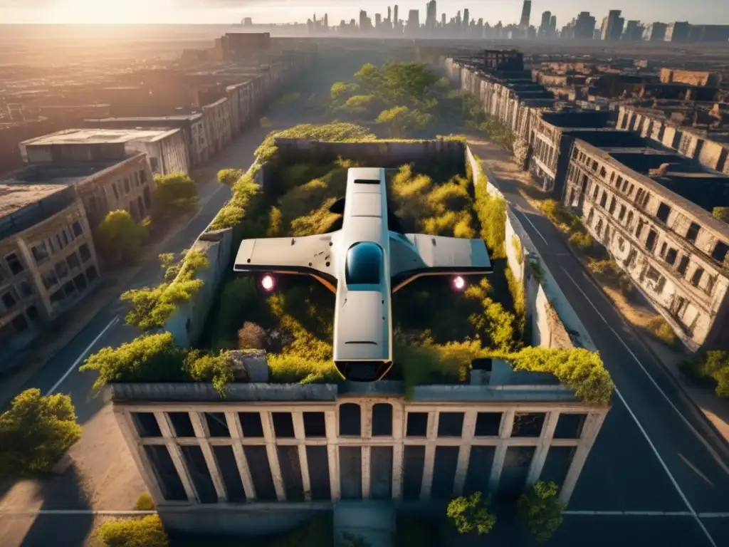 Exploración urbana con drones: Vista aérea de una ciudad desolada, capturando la belleza inquietante de edificios en ruinas y calles abandonadas.