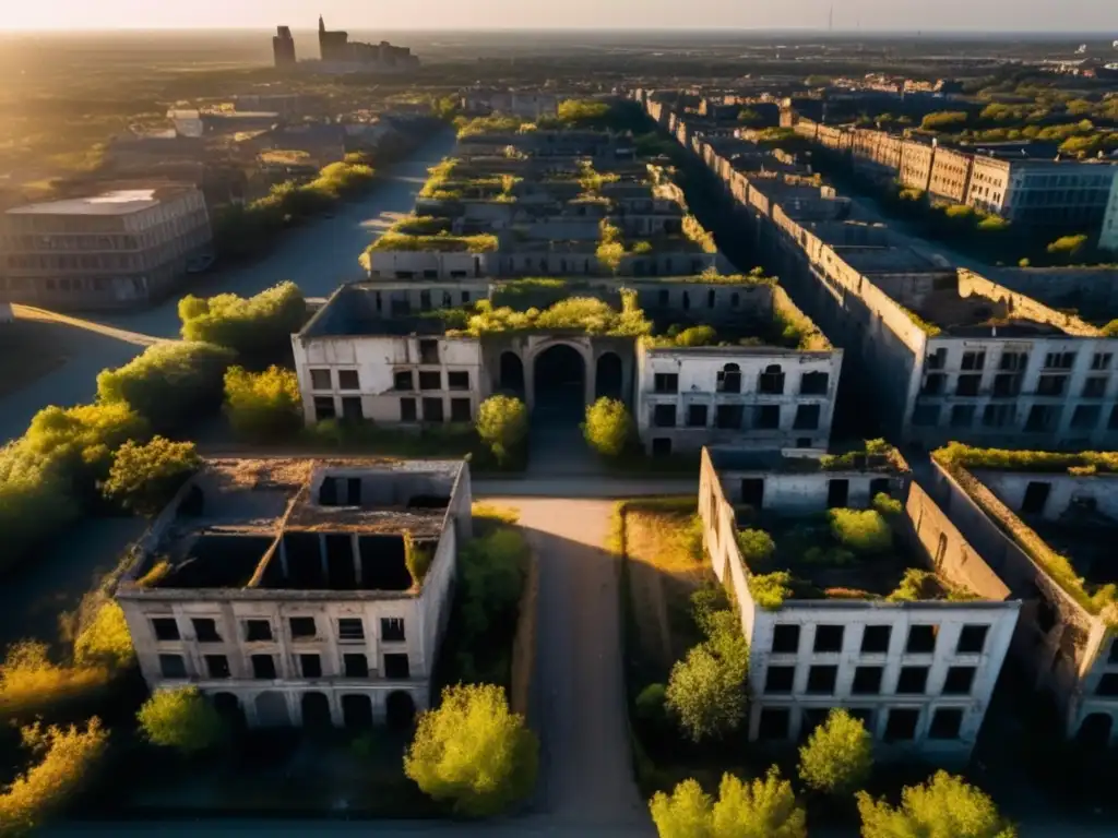 Exploración urbana con drones: Vista aérea de una ciudad abandonada, edificios en ruinas y vegetación creciendo entre calles vacías. Una imagen que evoca la belleza inquietante de la desolación.