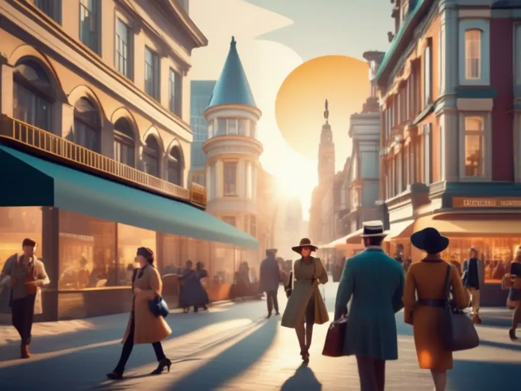 Exploración urbana con realidad aumentada: Calle bulliciosa con edificios históricos y una mezcla de arquitectura antigua y moderna, personas paseando y un resplandor cálido.