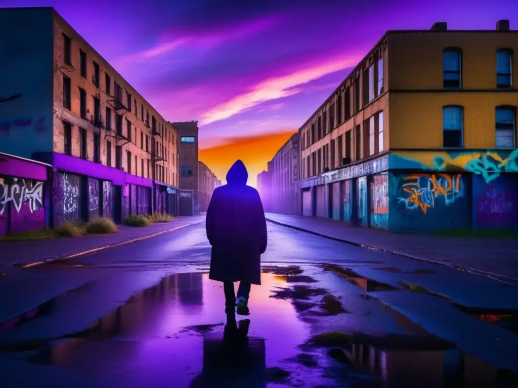 Exploraciones en ciudades fantasma abandonadas: una calle desierta con grafitis vibrantes, cielo morado y naranja, y una figura misteriosa.