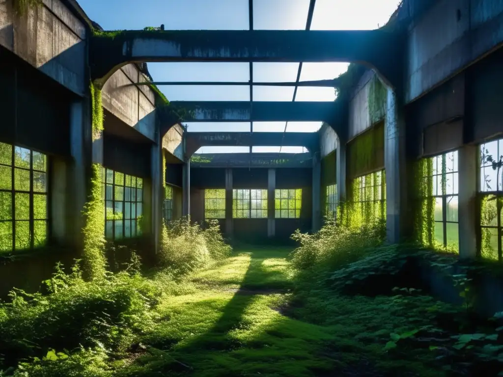 Explorador reflexiona en lugares abandonados, donde la naturaleza reclama su espacio entre ruinas industriales.