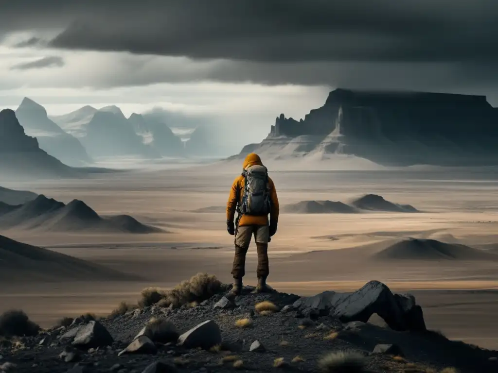 Un explorador solitario enfrenta la vastedad de un paisaje desolado, evocando la psicología de la exploración en lugares desolados.