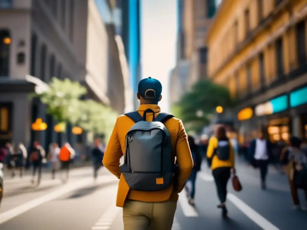 Un explorador urbano recorriendo la bulliciosa ciudad con equipaje ligero para exploradores urbanos.