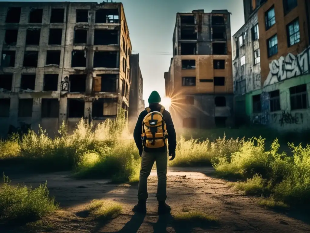 Explorador urbano en una ciudad abandonada, evocando misterio, historia y la inspiración para videojuegos.