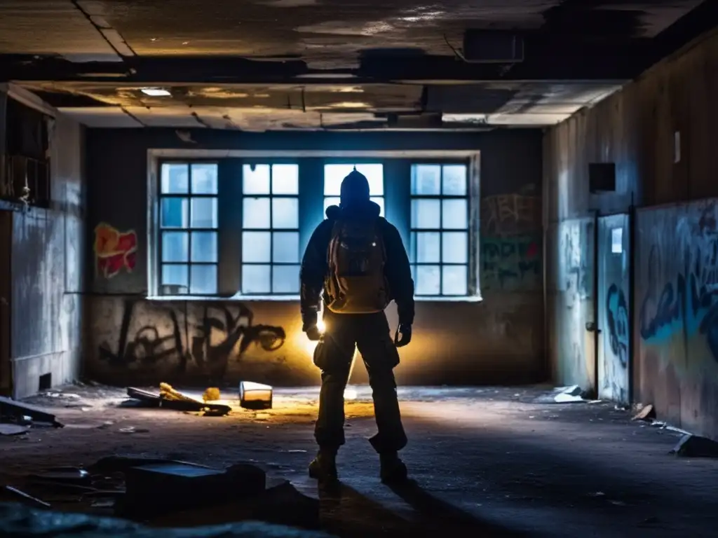 Un explorador urbano experto con linterna en la entrada de un edificio abandonado y graffiteado. <b>La imagen transmite intriga y aventura.</b> <b>Consejos para exploración urbana experto.