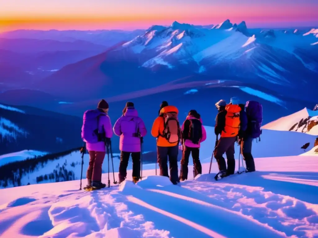 Exploradores ajustando equipos de comunicación en cima nevada al atardecer, con paisaje salvaje. <b>Equipos de comunicación para zonas aisladas.