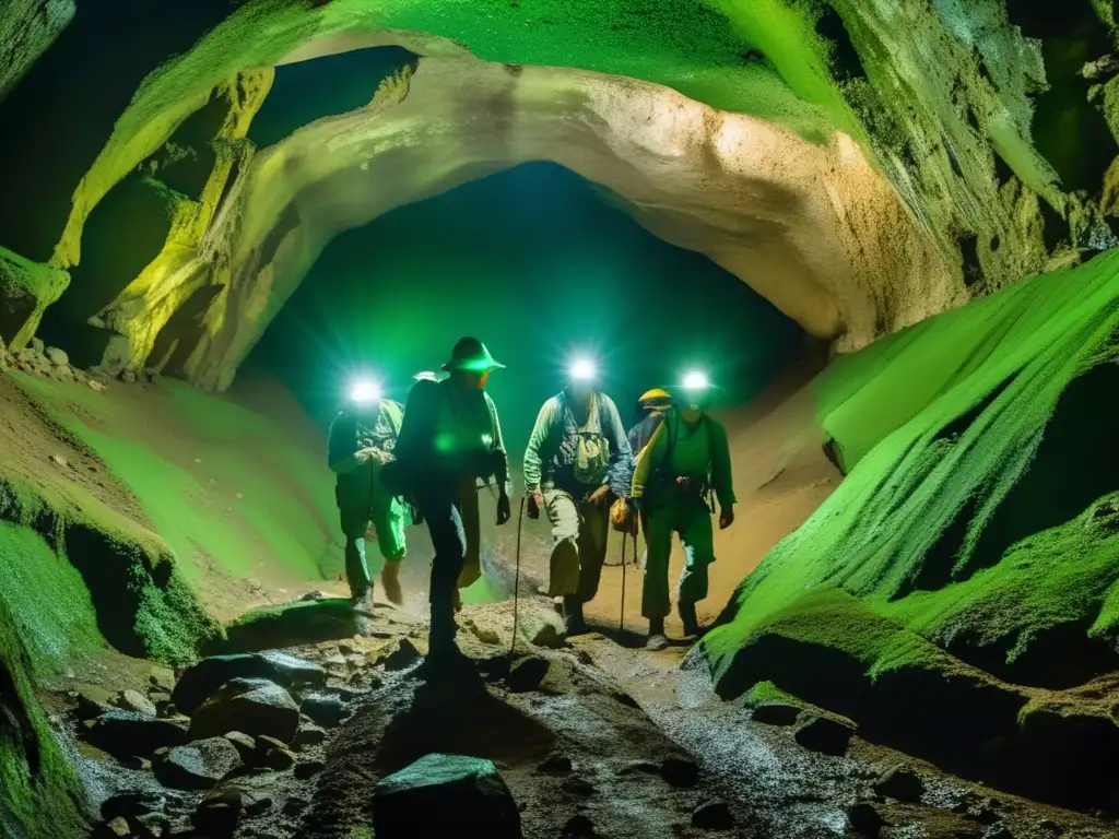 Exploradores con lámparas de cabeza exploran minas de esmeraldas abandonadas en Colombia, cautivados por la belleza y la historia del lugar.