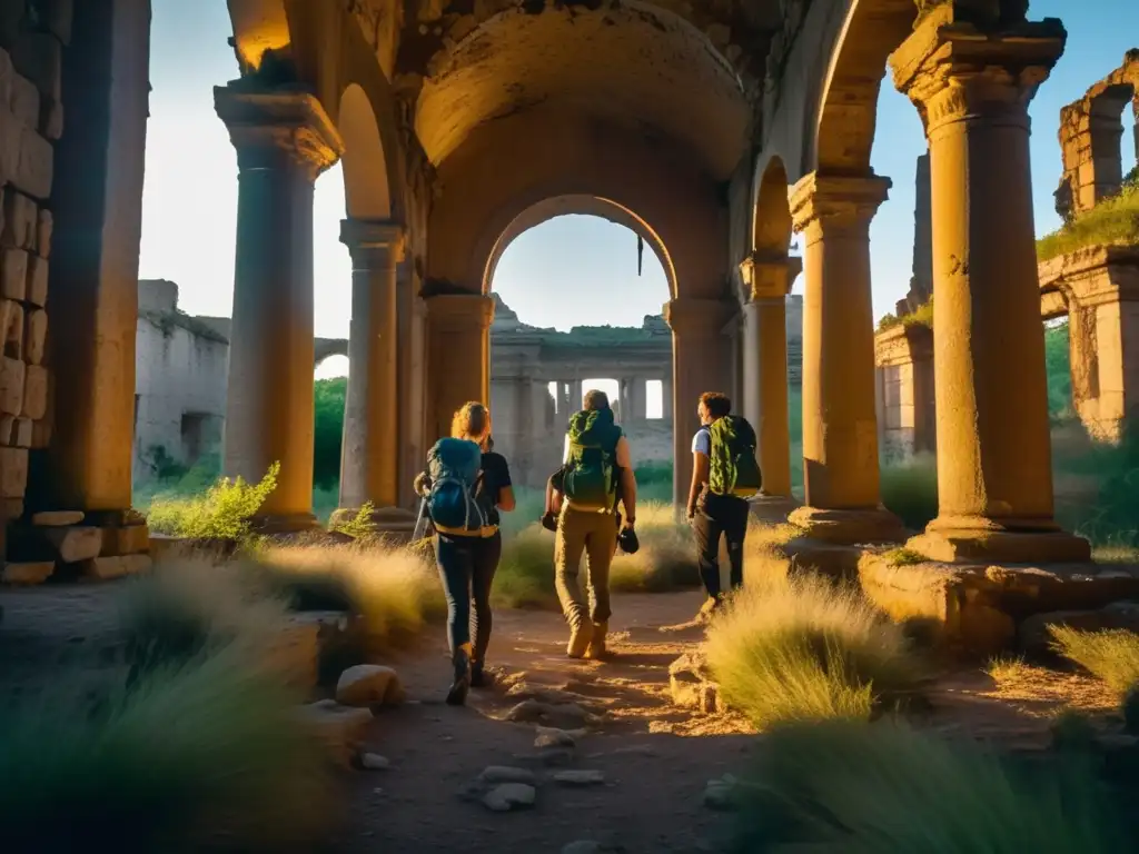 Exploradores con linternas y mochilas exploran ruinas antiguas iluminando la piedra y la vegetación. <b>Evoca misterio y aventura.</b> <b>Exploración de ciudades olvidadas en grupo.