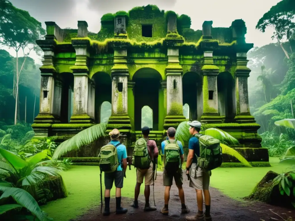 Exploradores con linternas y mochilas explorando ruinas coloniales en la densa selva de las Guyanas, en medio de una atmósfera de misterio y aventura.