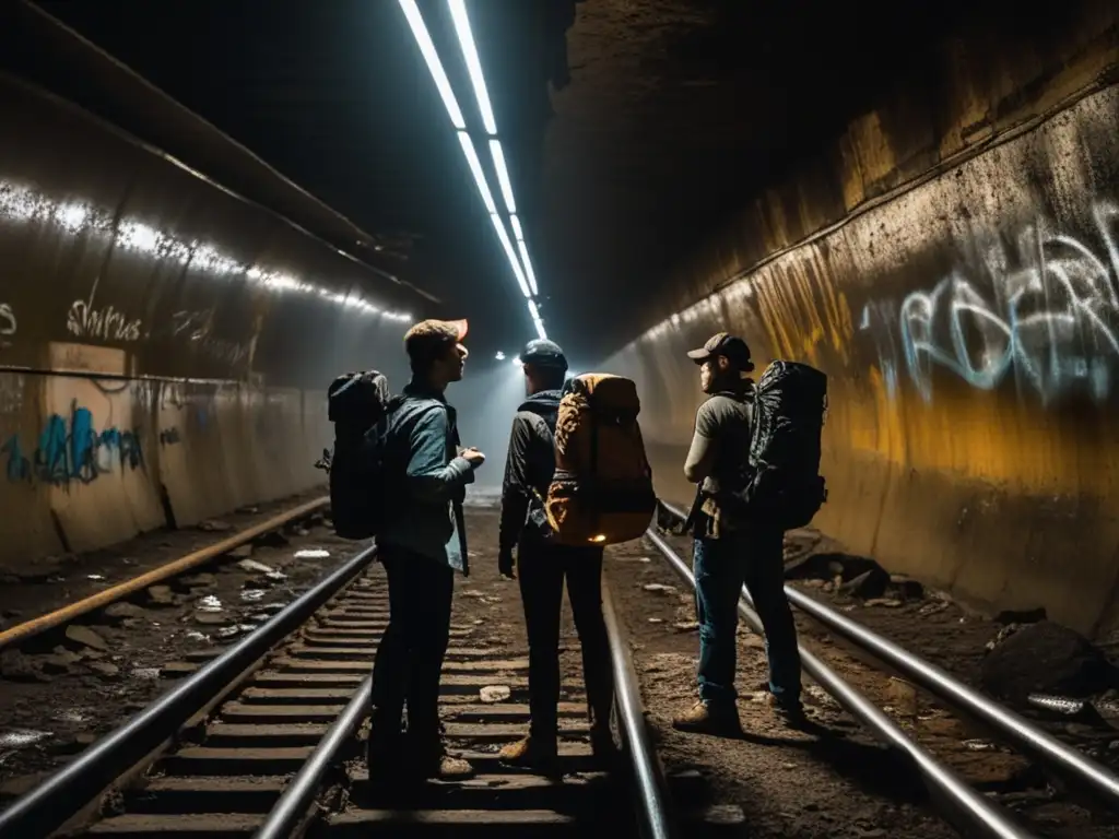 Exploradores con linternas buscan reliquias en una misteriosa ciudad subterránea llena de graffiti y escombros.