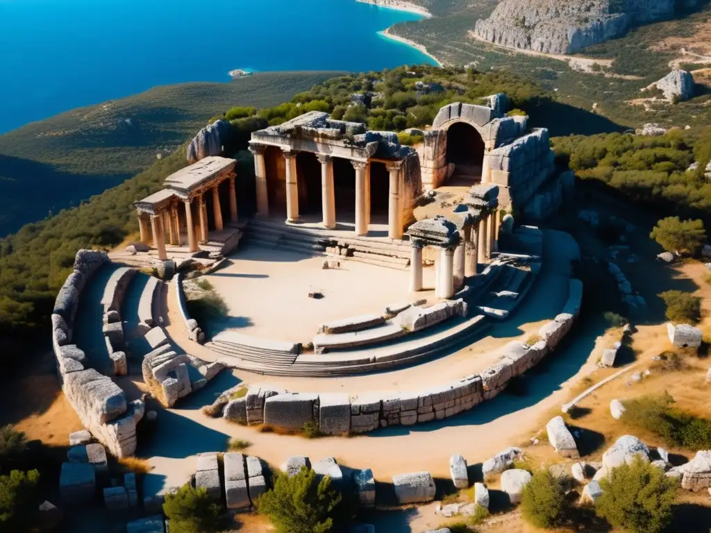 Exploradores recorren las ruinas de Myra, Licia turca, con el anfiteatro y templos en tonos terrosos y el mar turquesa de fondo.