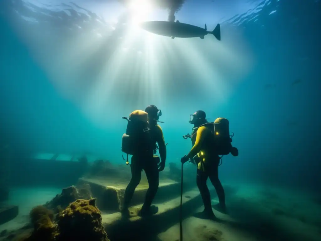 Exploradores submarinos iluminados por potentes luces, investigando un Uboot en un puerto olvidado. <b>Escena misteriosa y evocadora de exploración en puertos Uboot olvidados.