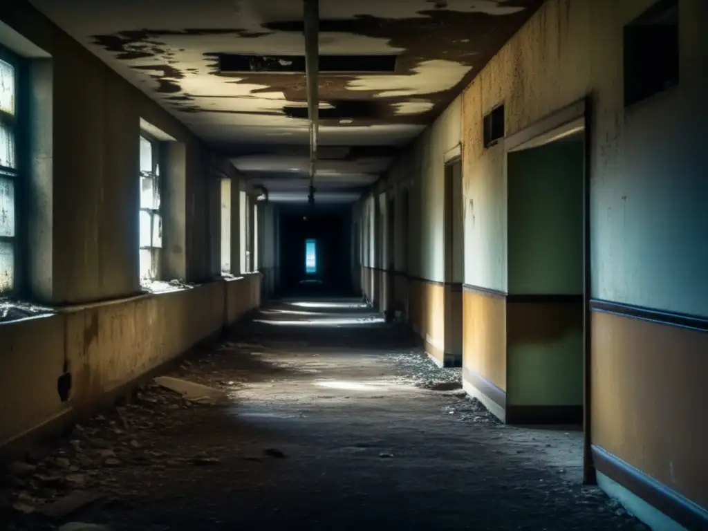 Exploradores urbanos con cautela en un pasillo decrépito de un hospital abandonado. <b>Consejos seguridad explorar lugares abandonados.