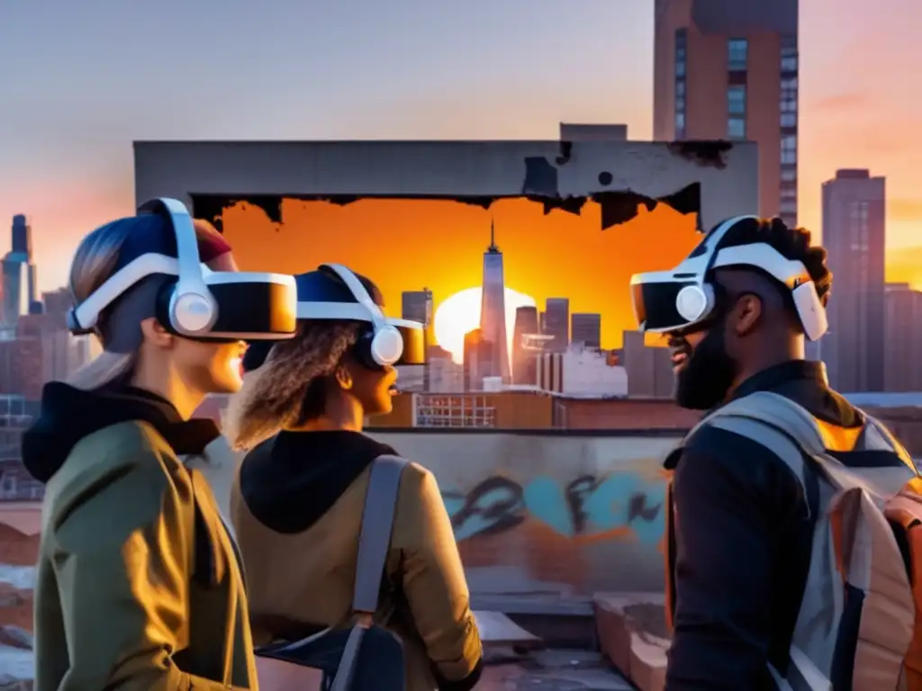 Exploradores urbanos con realidad aumentada descubren la historia de una edificación en ruinas mientras el sol se pone sobre la ciudad.