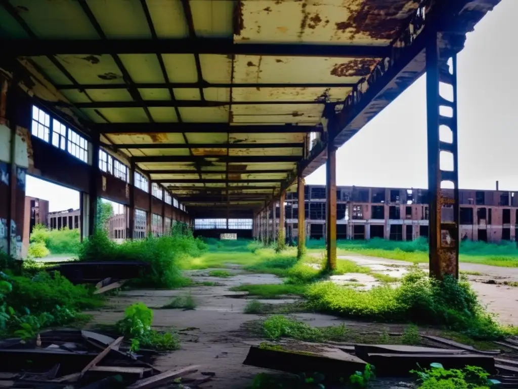 Exploración fábricas abandonadas Detroit: Imponente fábrica Packard en ruinas, invadida por vegetación, grafitis y sombras.