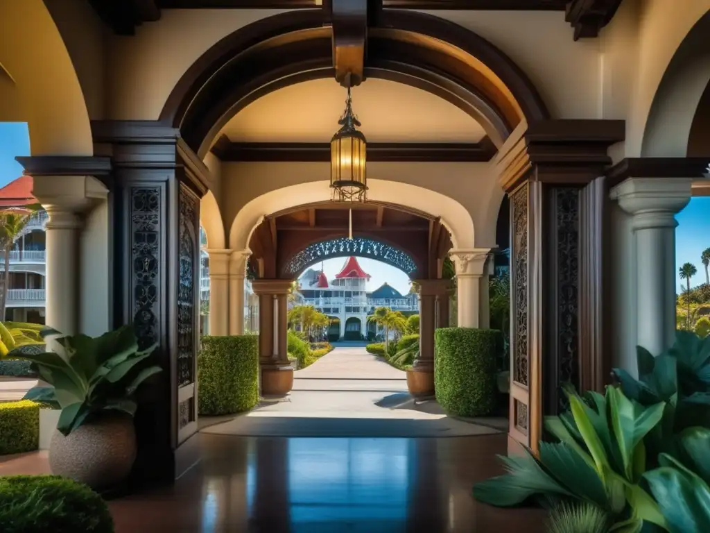 Explorando la fascinante entrada del Hotel del Coronado abandonado, con su grandiosidad desvanecida y detalles arquitectónicos.