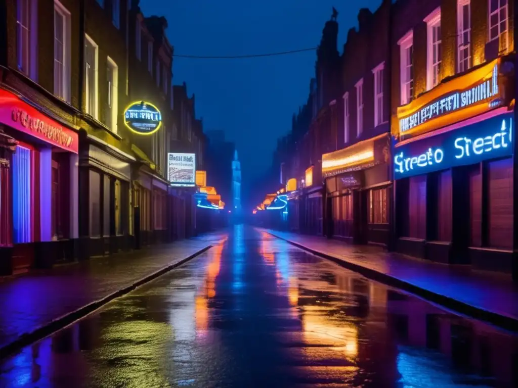 Folclore en ciudades fantasma: una calle desierta iluminada por neones, con un aire misterioso y la presencia de antiguas celebraciones.