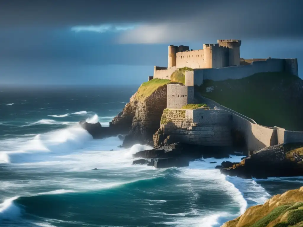 Una fortaleza costera olvidada en el mar del norte, resistiendo las olas en un acantilado rocoso, envuelta en misterio y historia.