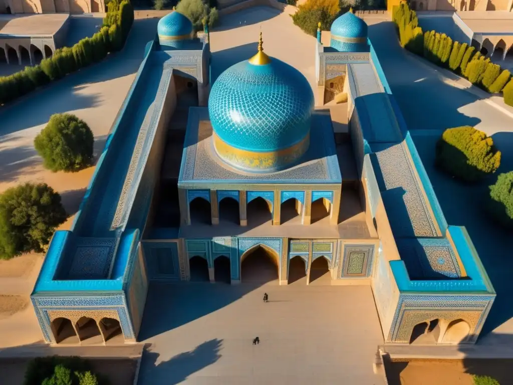 Una foto aérea de alta resolución de la Plaza Registán en Samarcanda, Uzbekistán, revelando la impresionante arquitectura y los intrincados detalles de los edificios históricos. Los vibrantes colores y los patrones intrincados en las fachadas capturan la grandeza del sitio antiguo