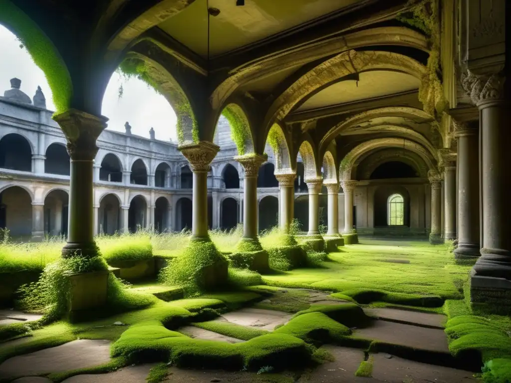 Una foto sepia de una plaza urbana abandonada y cubierta de vegetación, evocando tradiciones perdidas y ciudades fantasma.