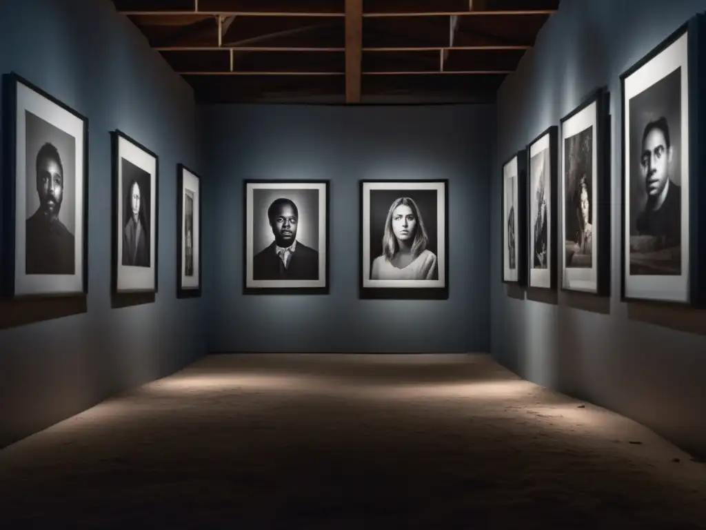 Una galería iluminada débilmente exhibe retratos inquietantes de individuos de ciudades fantasma. <b>La identidad y el arte se entrelazan en esta impactante imagen.