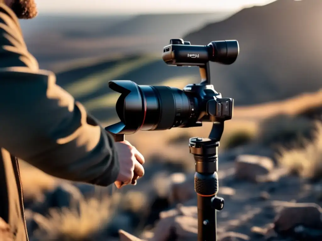 Un videógrafo ajusta un gimbal en un paisaje abandonado. <b>Contraste entre tecnología y naturaleza.</b> <b>Gimbals para video estable en terrenos abandonados.