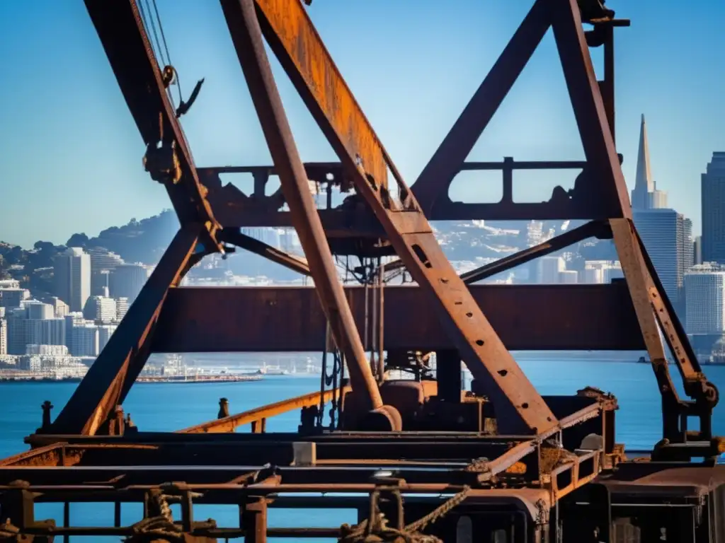 Una grúa portuaria inactiva en San Francisco, testigo del paso del tiempo y la historia industrial de la ciudad.