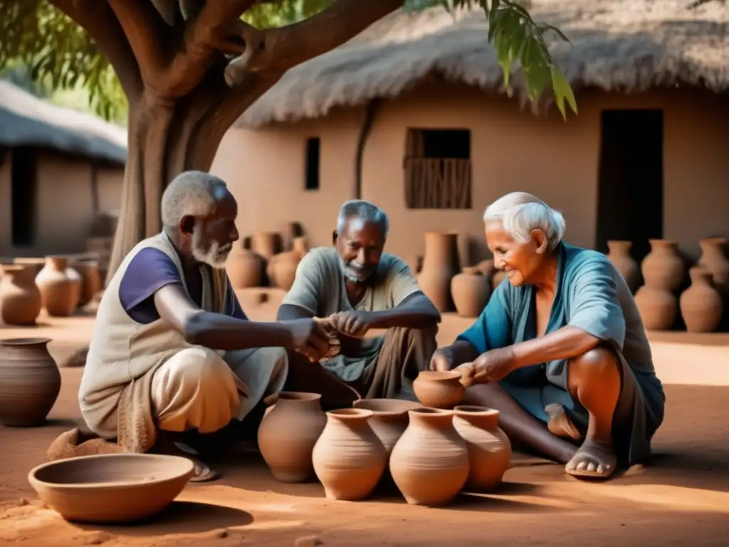 Un grupo de ancianos artesanos moldeando cerámica bajo un árbol centenario, conservación del patrimonio cultural tradicional.