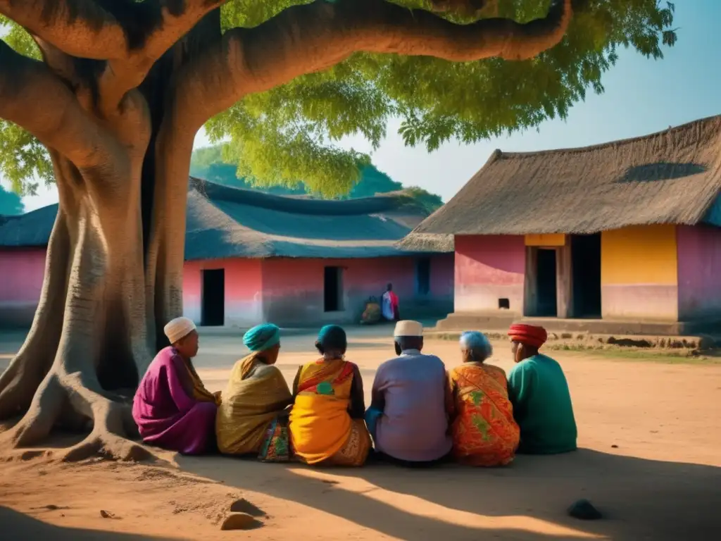 Un grupo de ancianos vestidos con trajes tradicionales coloridos, reunidos debajo de un árbol antiguo en un pueblo abandonado, celebrando festividades en un tiempo detenido.