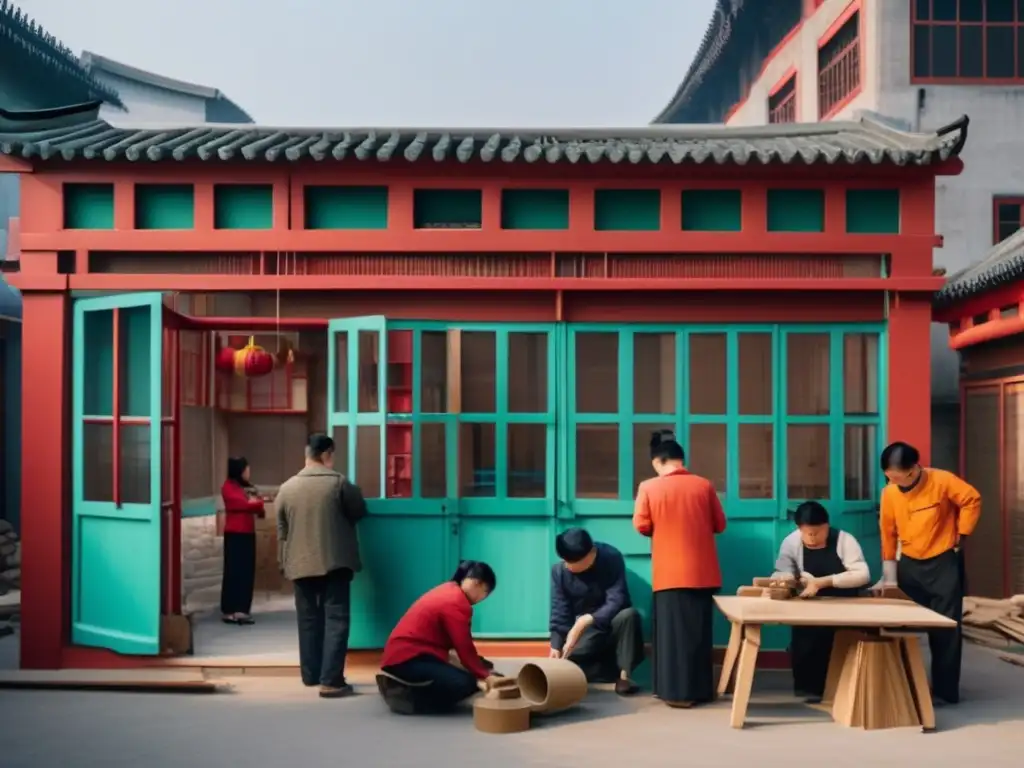 Un grupo de artesanos expertos restaura y reutiliza edificios antiguos de una fábrica de juguetes en la Ciudad de los Juguetes, China. La imagen muestra la preservación cuidadosa de la arquitectura histórica y la integración de diseño moderno y sostenible, simbolizando