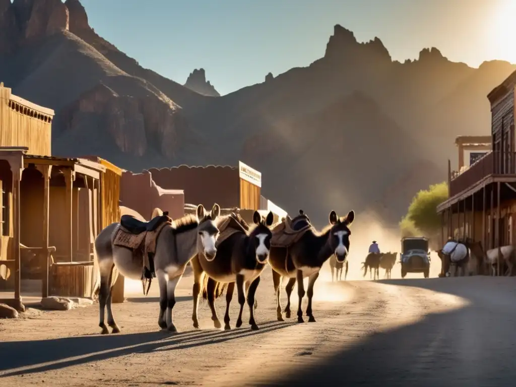 Un grupo de burros salvajes en las polvorientas calles de Oatman, rodeados de turistas, con la Ruta 66 al fondo. Burros salvajes Oatman Ruta 66