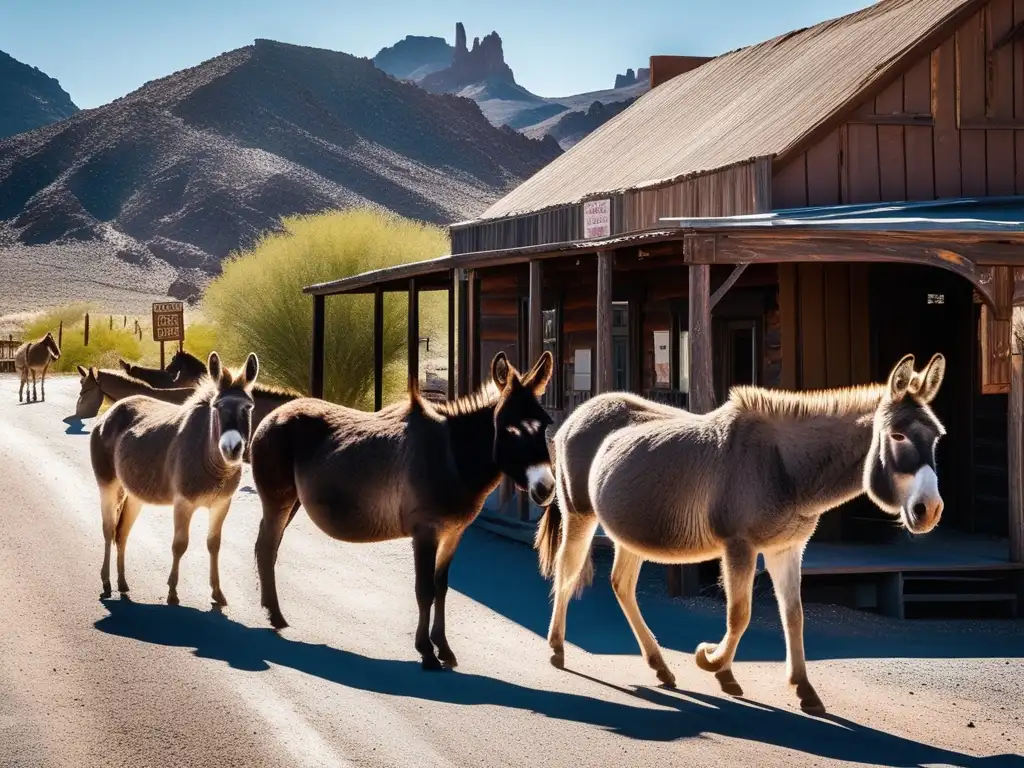 Un grupo de burros salvajes en la Ruta 66 de Oatman, Arizona. Paisaje desértico y edificios antiguos al fondo.