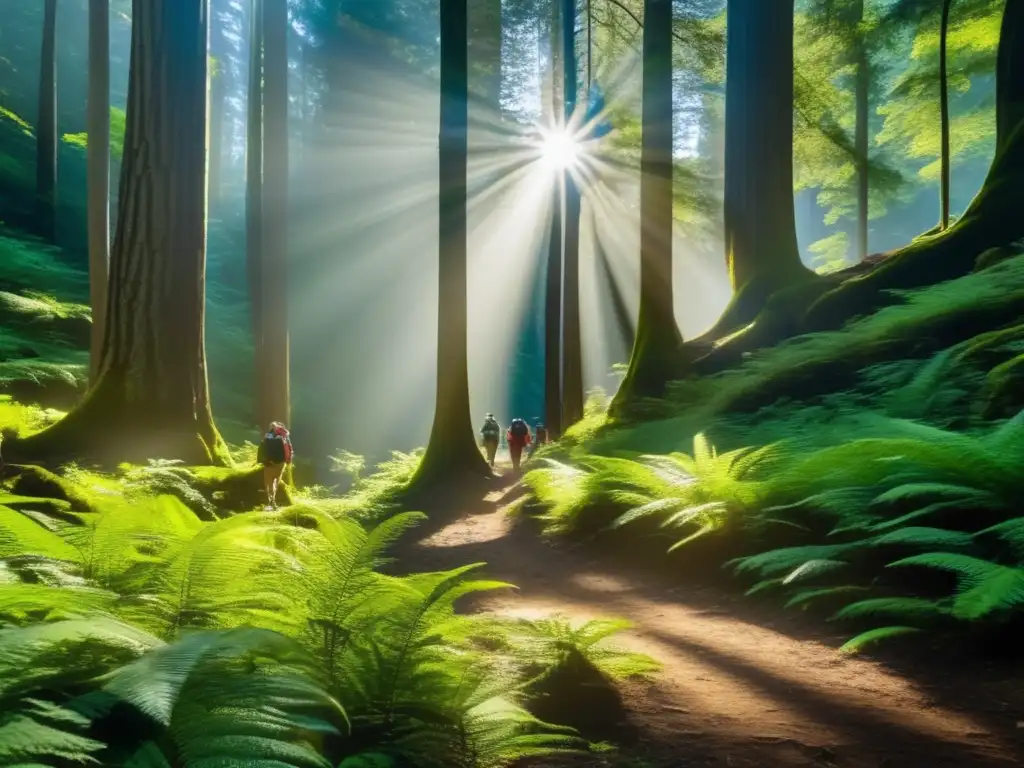 Un grupo de excursionistas explorando un sendero estrecho en un exuberante bosque, evocando la conexión con la naturaleza y los problemas legales en turismo de exploración.