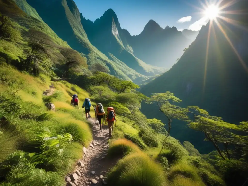 Un grupo de excursionistas explorando un sendero rocoso entre montañas y vegetación exuberante. <b>La luz del sol crea sombras en el suelo, transmitiendo una atmósfera tranquila y aventurera.</b> Los excursionistas llevan mochilas y equipo de senderismo, mostrando un espíritu de exploración