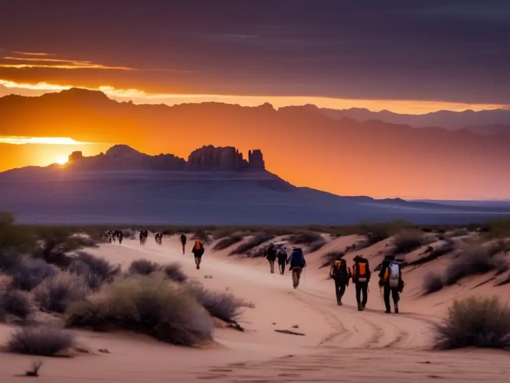 Un grupo de exploradores atraviesa el desierto de Arizona al atardecer, con restos de una ciudad fantasma. <b>Exploración de ciudades fantasma Arizona.