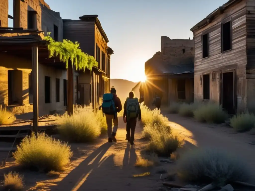 Un grupo de exploradores equipados con linternas y mochilas recorren cautelosamente las calles en ruinas de una ciudad fantasma. La luz del sol crea sombras alargadas sobre los edificios derruidos, en una escena hermosa y espeluznante. La vegetación recupera