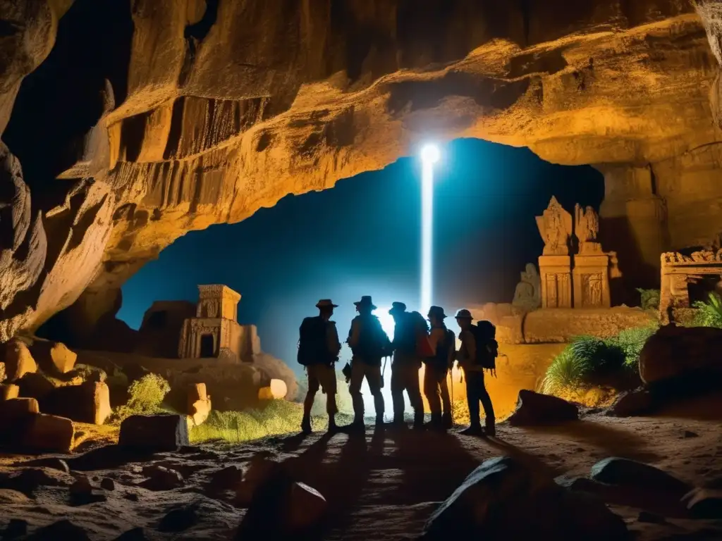 Un grupo de exploradores listos para la expedición de ruinas, con linternas iluminando una cueva misteriosa y antigua.