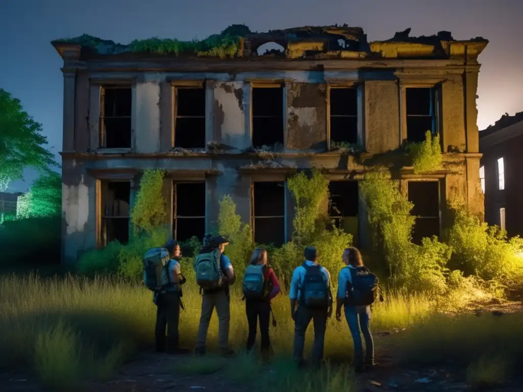 Un grupo de exploradores busca pistas en una ciudad olvidada, con linternas que cortan la oscuridad. La atmósfera es de exploración y misterio.